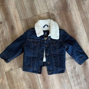 GAP Kids Dark Blue Denim Jacket with Cream Sherpa Collar